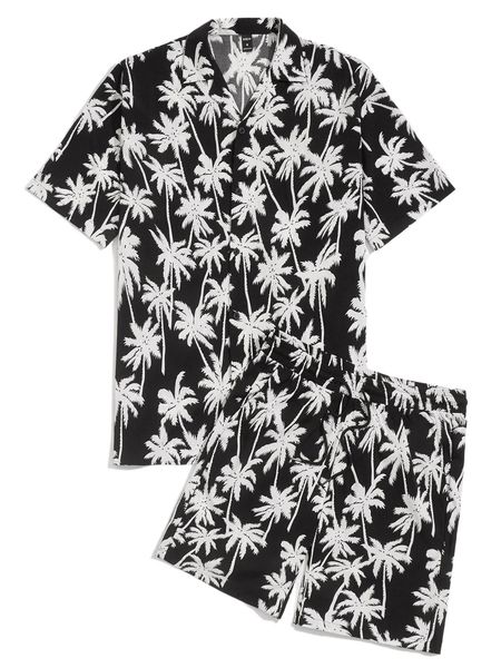 

men coconut tree print shirt & drawstring waist shorts p2bk#, Gray