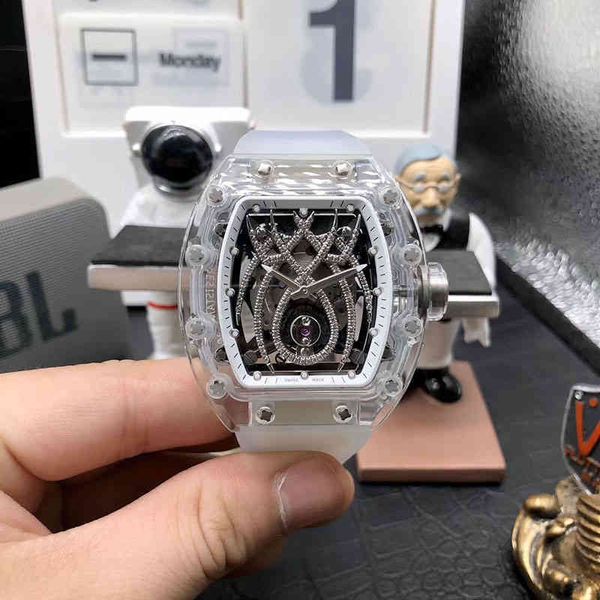 İzle Tarih Şarap Namlu Boş Zaman İş Richa Milles Watches 19-01 Otomatik Kristal Kılıf Beyaz Kauçuk Band Mens Saat