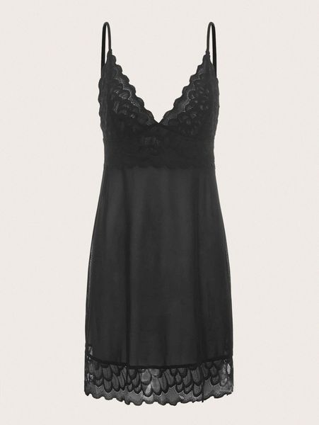 

lace scallop edge cami dress 75vf#, Black;gray