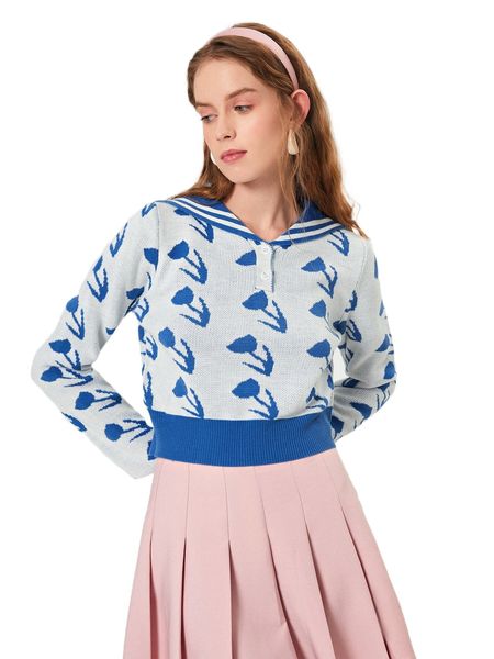 

mod floral pattern sailor collar sweater 85rp#, White;black