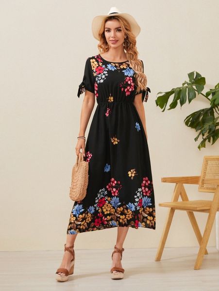 

emery rose floral print knot sleeve a-line dress b6qo#, Black;gray