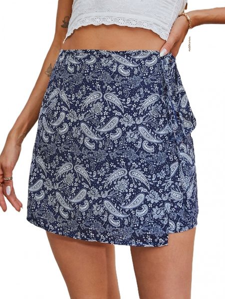 

paisley print knot side wrap skirt j8wf#, Black