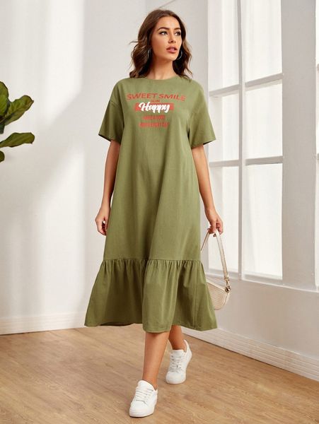 

drop shoulder slogan graphic smock dress 08ap#, Black;gray