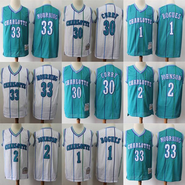 

basketball jerseys mens charlotte''hornets''33 alonzo mourning 2 larry johnson 1 muggsy bogues 30 dell curry basketball, Black;red