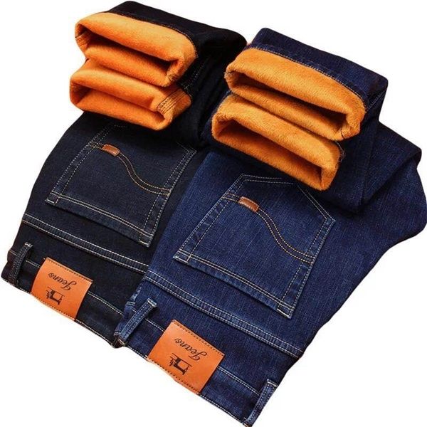 

winter men's warm jeans business casual elasticity thick slim denim pants brand trousers black plus size 40 42 220328, Blue