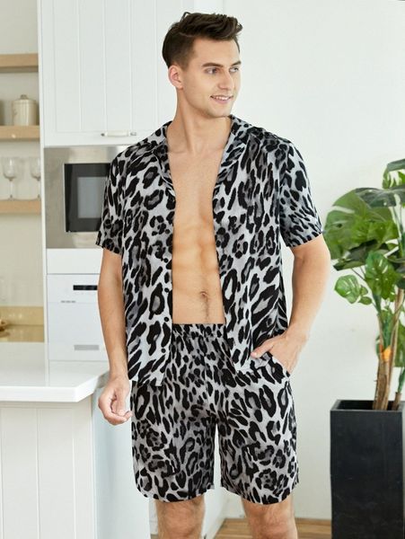 

men random leopard print pj set c2sg#, Black;brown