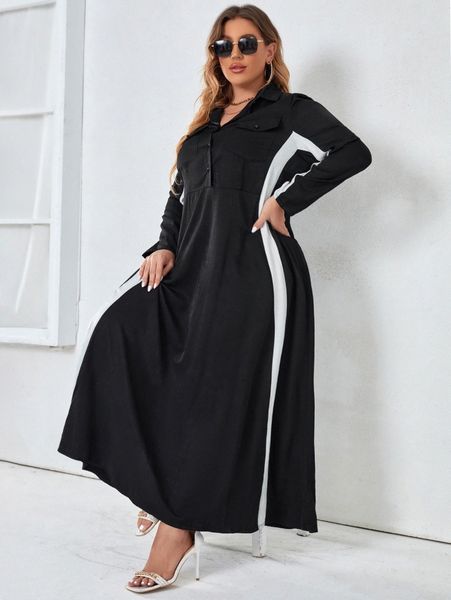 

plus contrast panel maxi shirt dress x3v6#, Black
