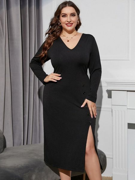 

plus fake button split thigh dress d4rb#, Black