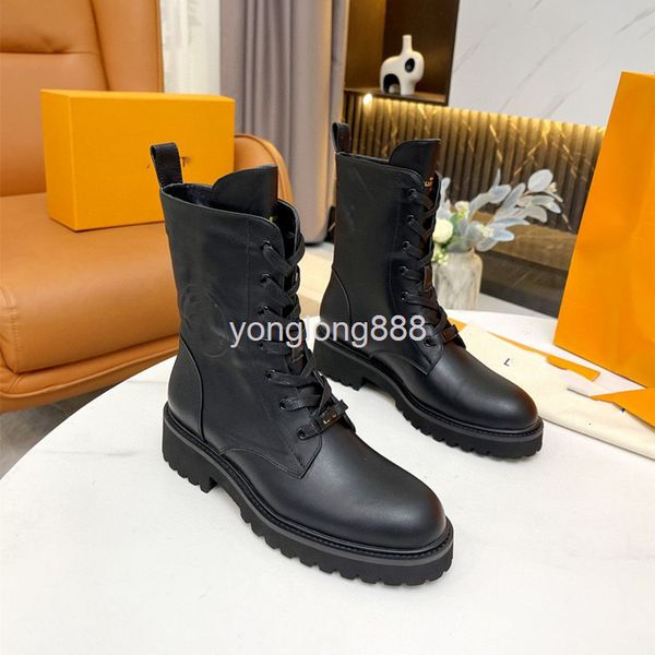 

boots high end autumn and winter shoes women's round head flat bottom middle tube solid color cross lace up martin, Black