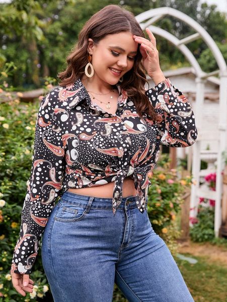 

plus paisley & polka dot print blouse c1fr#, Black