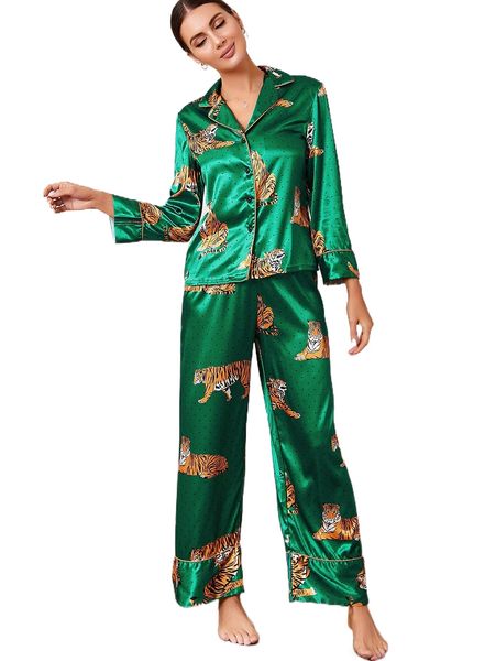 

polka dot & tiger print contrast piping satin pj set b3kd#, Black;red