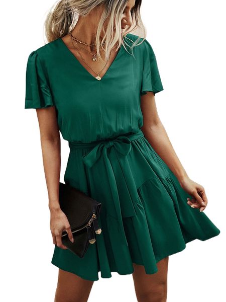 

butterfly sleeve ruffle hem belted dress 11nd#, Black;gray