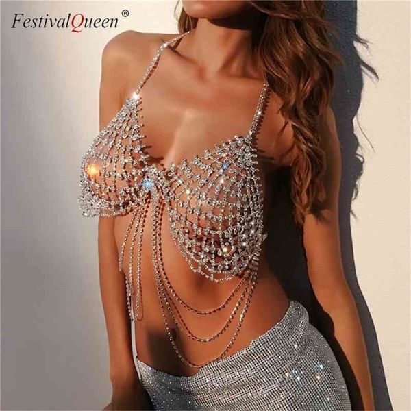 

festivalqueen bling metallic diamond crop women beach backless tassel body hollow chain nightclub party 210325, White
