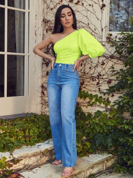 

one shoulder lantern sleeve 457q#, White