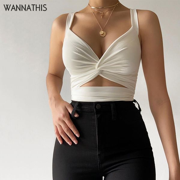

v-neck crop women sleeveless hollow out summer 2022 fashion solid irregular criss cross tank women camis, White