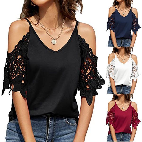 

2022 womens t shirt lace sleeves v-neck solid suspenders loose casual t-shirt female tee casual clothing, White