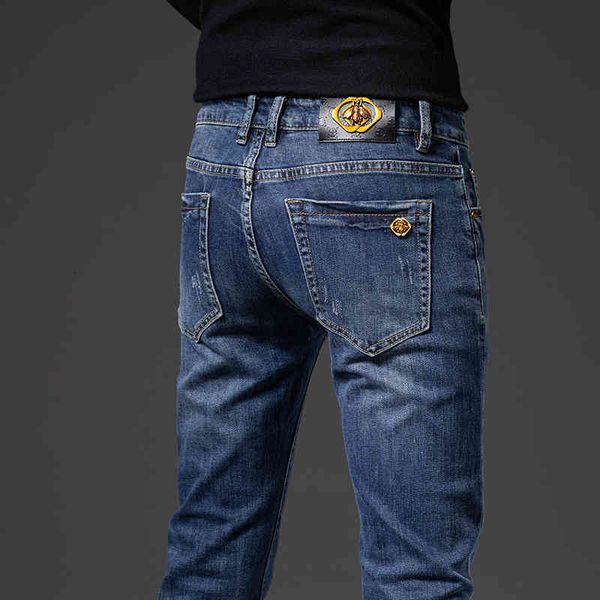 

men's jeans autumn and winter thick jeans men's korean version elastic cotton small feet slim little bee hqvn, Blue
