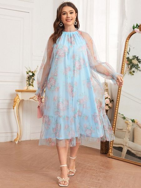 

plus mock neck floral print mesh dress 94s0#, Black