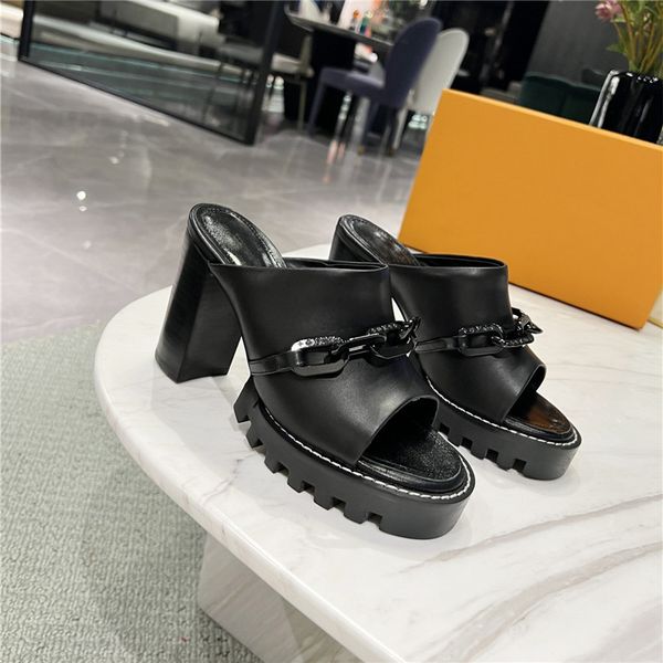 

thick heel hardware chain series ladies fashion expensive high heel sandals open toe platform shoes size 35-42, Black