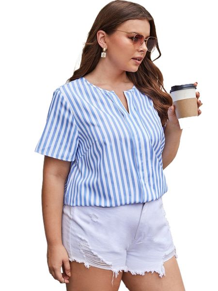

plus striped notched neck shirt j783#, Black