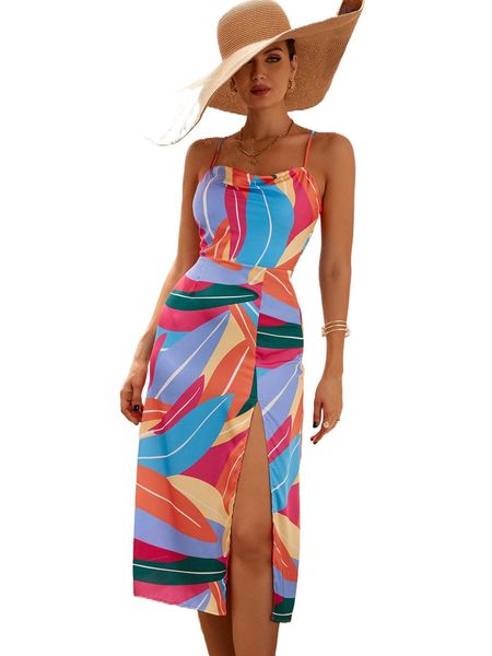 

graphic print draped split thigh cami dress 56jf#, Black;gray