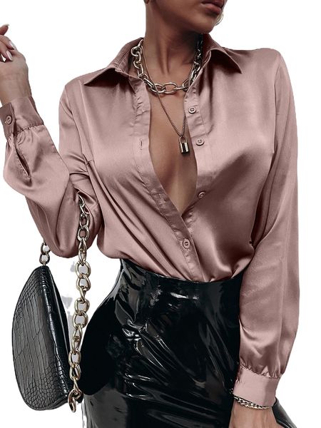 

satin solid button front blouse n2lw#, White