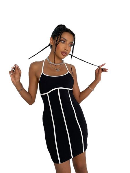 

contrast binding tie backless halter bodycon dress j05a#, Black;gray