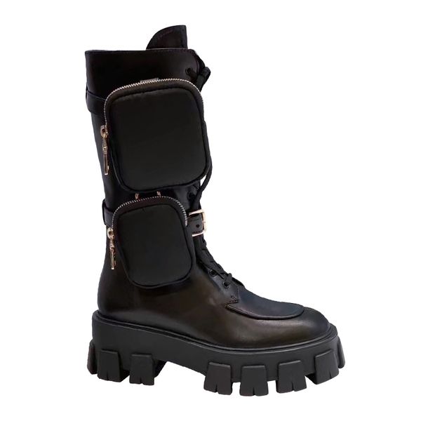 

desinger womens real leather shoes grils shoe monolith mini bag knee high boot gear chunky heel boot, Black