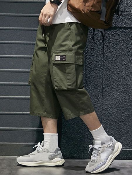 

men letter patched detail flap pocket side drawstring waist pants 76a3#, Black