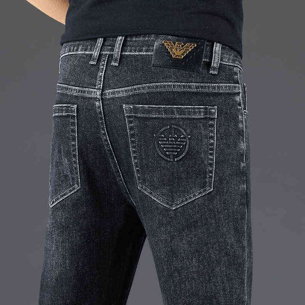

winter autumn thick jeans men's fashion brand high-end quality black gray elastic slim straight pants, Blue