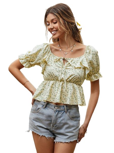 

ditsy floral tie front puff sleeve ruffle trim blouse e7vz#, White