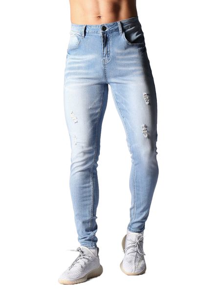 

men cat whisker ripped skinny jeans d5x5#, Blue