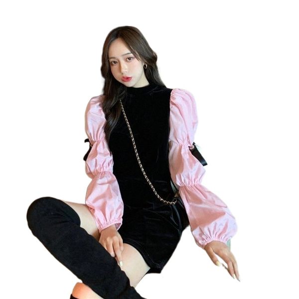 

women's jumpsuits & rompers 2021 women spring fashion streetwear colors contrast bodysuits romper puff sleeve patchwork velvet jumpsuit, Black;white