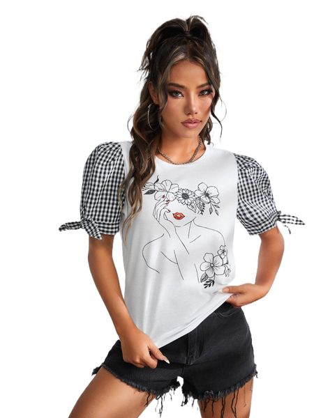 

x aj gingham & figure graphic knot puff sleeve tee y9p9#, White