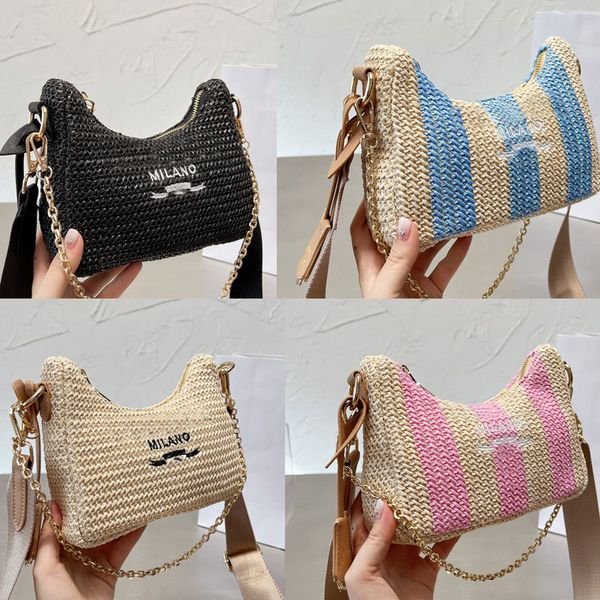 

straw shoulder bag cross body bags hobo handbag hollow out embroidered letter print zipper purse detachable chain two piece set crochet mess