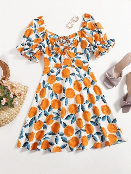 

sweetheart neck puff sleeve drawstring ruched orange print dress v7na#, Black;gray