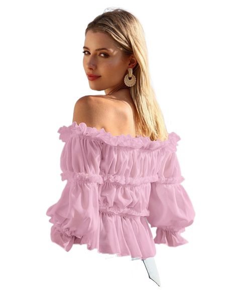 

off shoulder ruched ruffle trim peplum chiffon blouse e2xg#, White