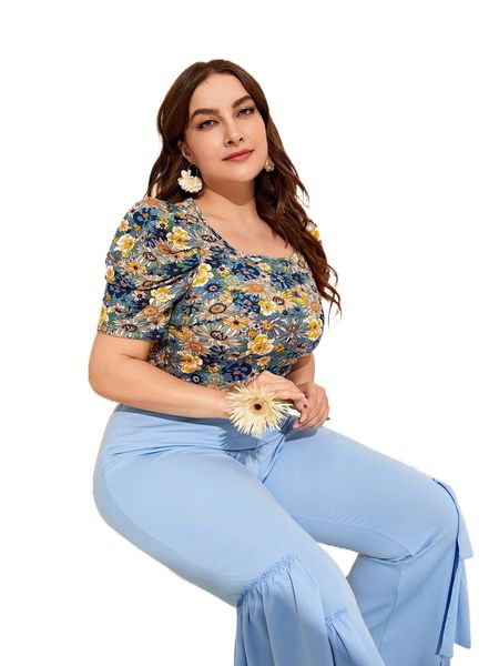 

plus allover floral print puff sleeve tee s9df#, Black