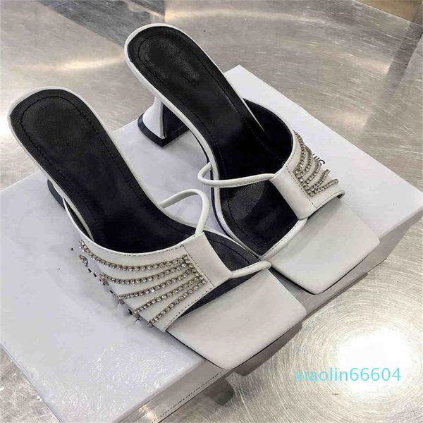 

fashion-spring and summer high-heeled slippers baotou wear cross strap rhinestone leather square head fish mouth thick heel women sandals, Black