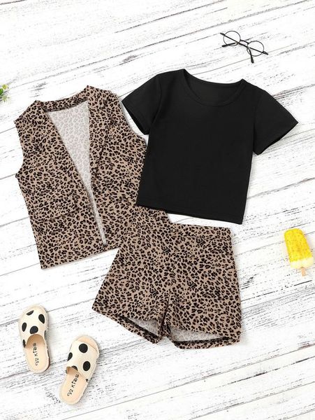 

toddler girls solid tee & leopard print vest jacket & shorts she, White