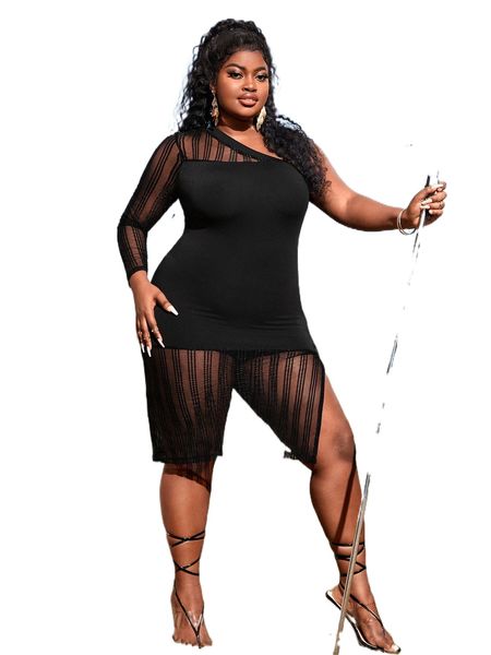 

sxy plus mesh insert one shoulder split hem dress i5fk#, Black