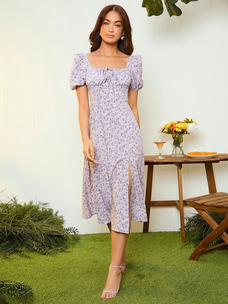 

ditsy floral puff sleeve tie front slit thigh dress v7j6#, Black;gray