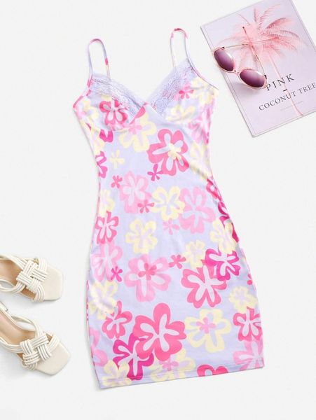 

floral print contrast lace dress l49m#, Black;gray