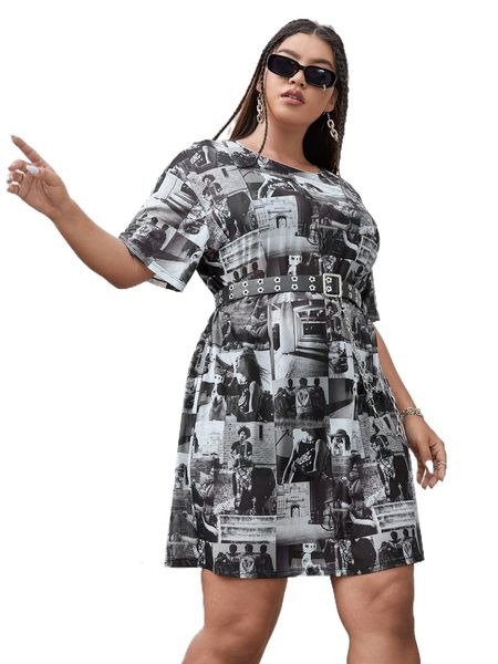 

plus figure graphic drop shoulder mesh tee dress without belt k78j#, Black