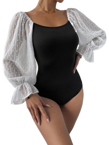 

swiss dot flounce sleeve bodysuit l6fh#, White