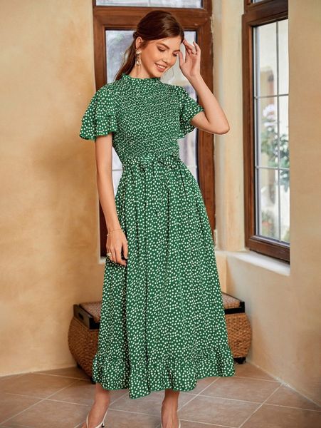 

allover print ruffle hem butterfly sleeve shirred keyhole back dress s7s0#, Black;gray