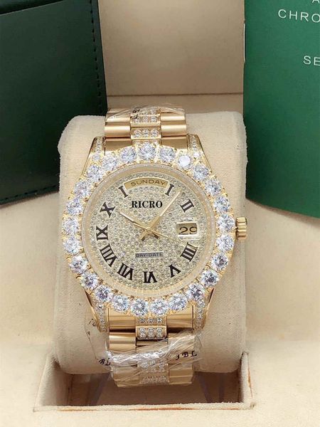 

automatic men's designer mechanical watch 43mm large ring middle row drill full double calendar 316 fine steel folding buckle sport wat, Slivery;golden