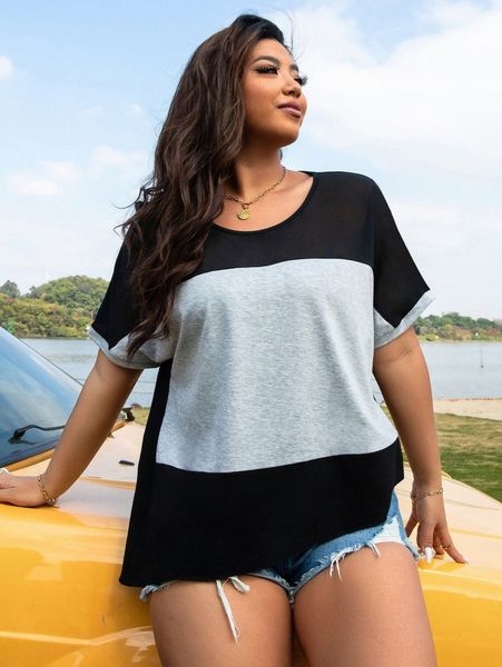 

plus colorblock batwing sleeve tee x61h#, Black