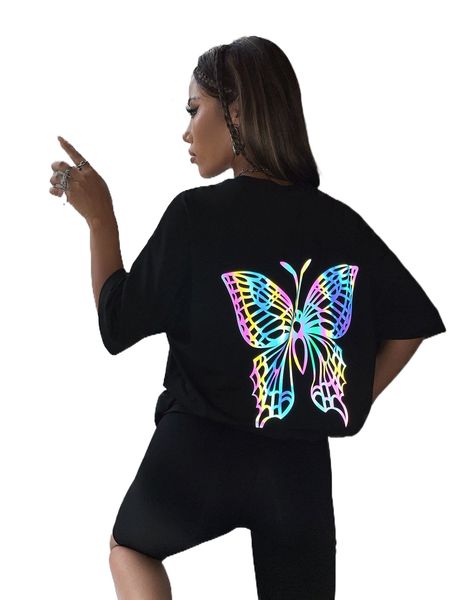 

reflective butterfly print drop shoulder tee 225e#, White