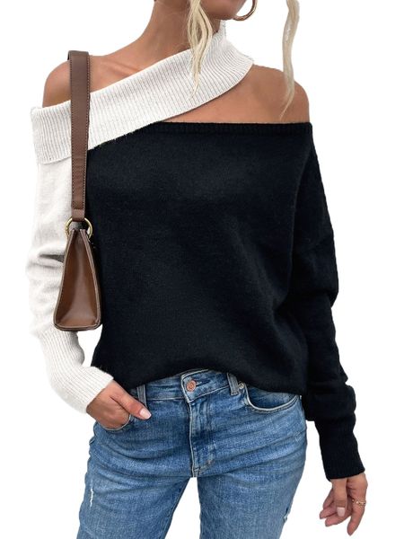 

asymmetrical neck batwing sleeve sweater a9vx#, White;black